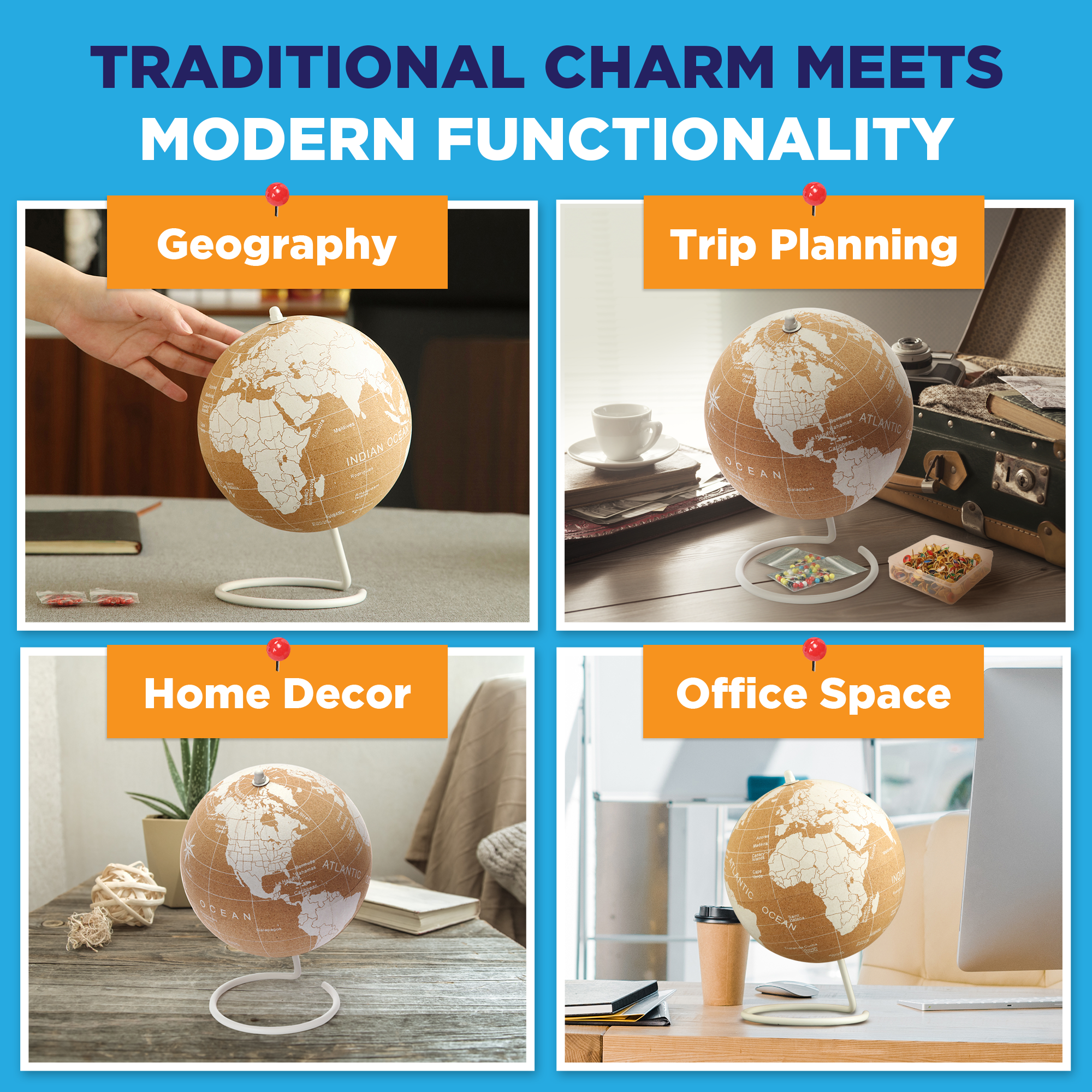 Globe Trekkers white cork globe